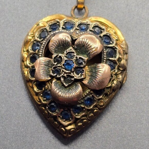 Victorian 12K Gold Filled Heart Locket Necklace Old Mine Cut Blue Paste Stones - Picture 15 of 16